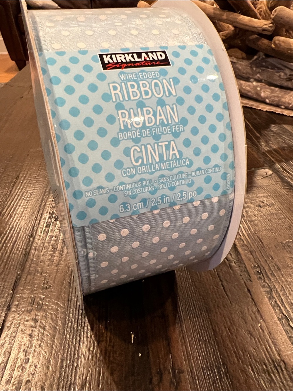 Kirkland Signature Polka Dot Wire-Edged Ribbon - Light Blue 50 yard 2.5inc width